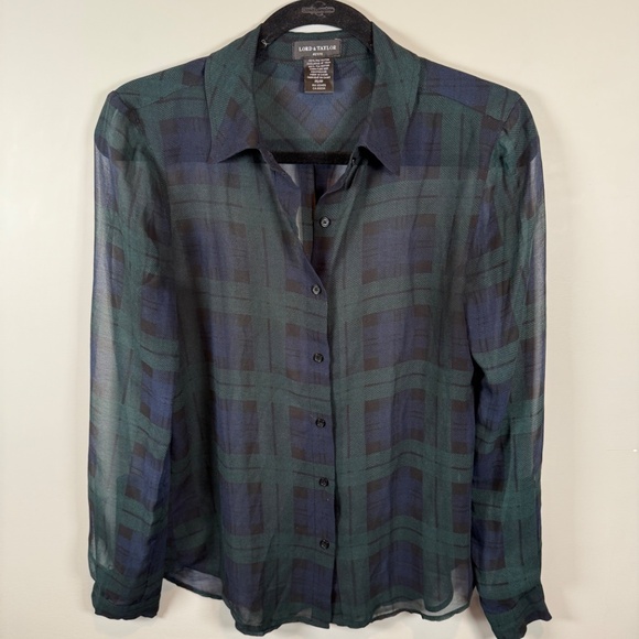 Lord & Taylor Sheer Green & Navy Plaid Long Sleeve Blouse Size Petite S - Picture 4 of 6